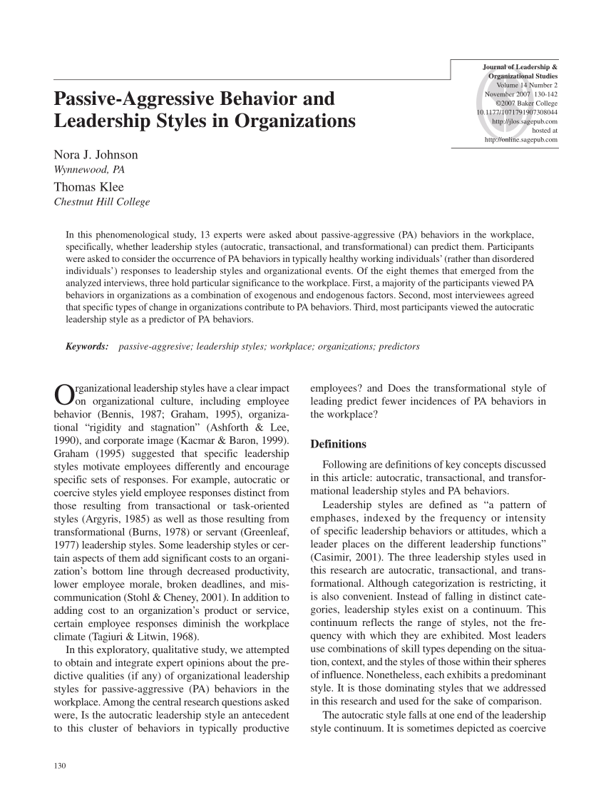 pdf) passive-aggressive behavior and leadership styles in organizations