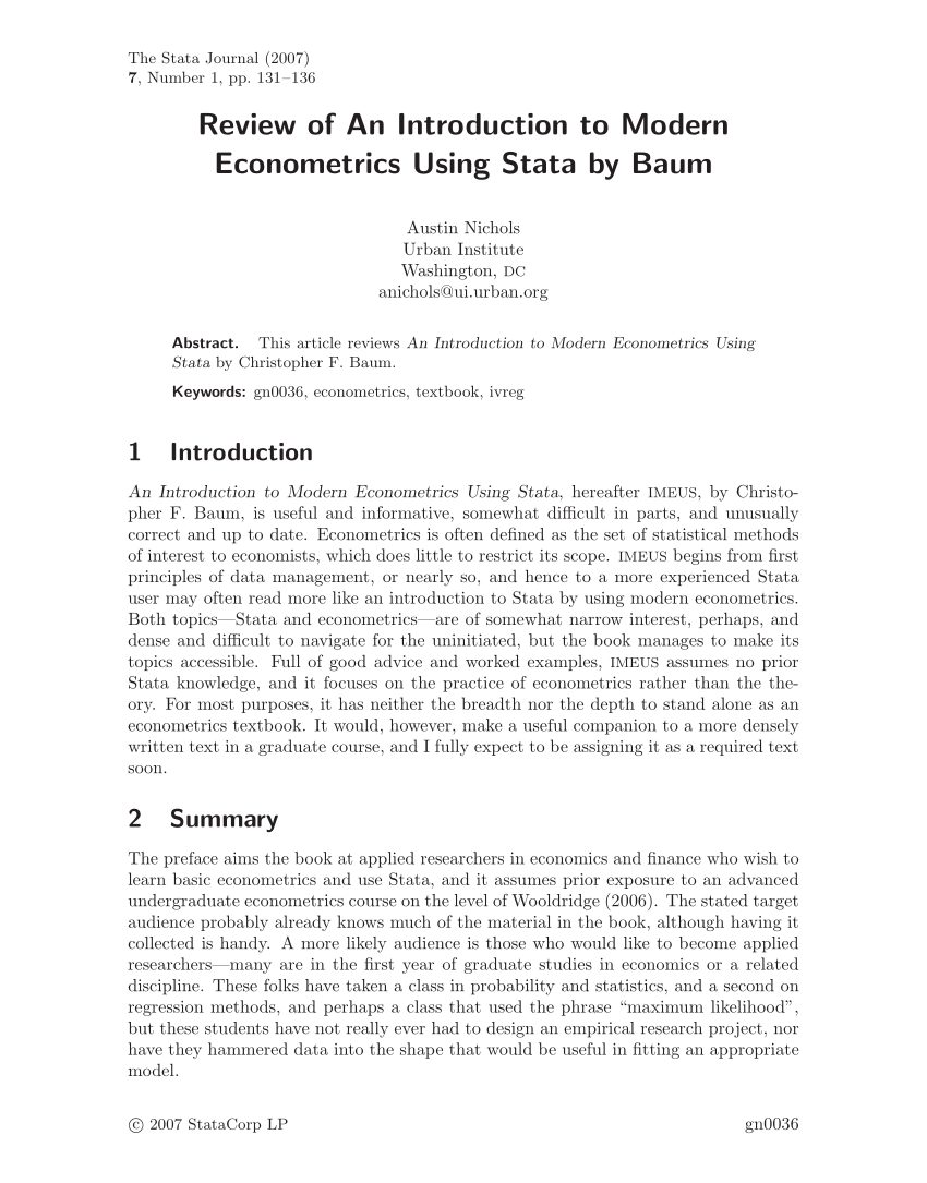 Pdf Review Of An Introduction To Modern Econometrics Using Stata By Baum