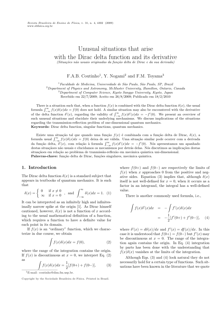 Pdf Unusual Situations That Arise With The Dirac Delta Function And Its Derivative