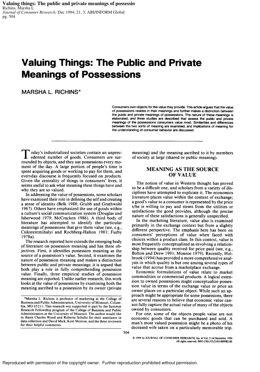 (PDF) Valuing Things: The Public and Private Meanings of Possessions