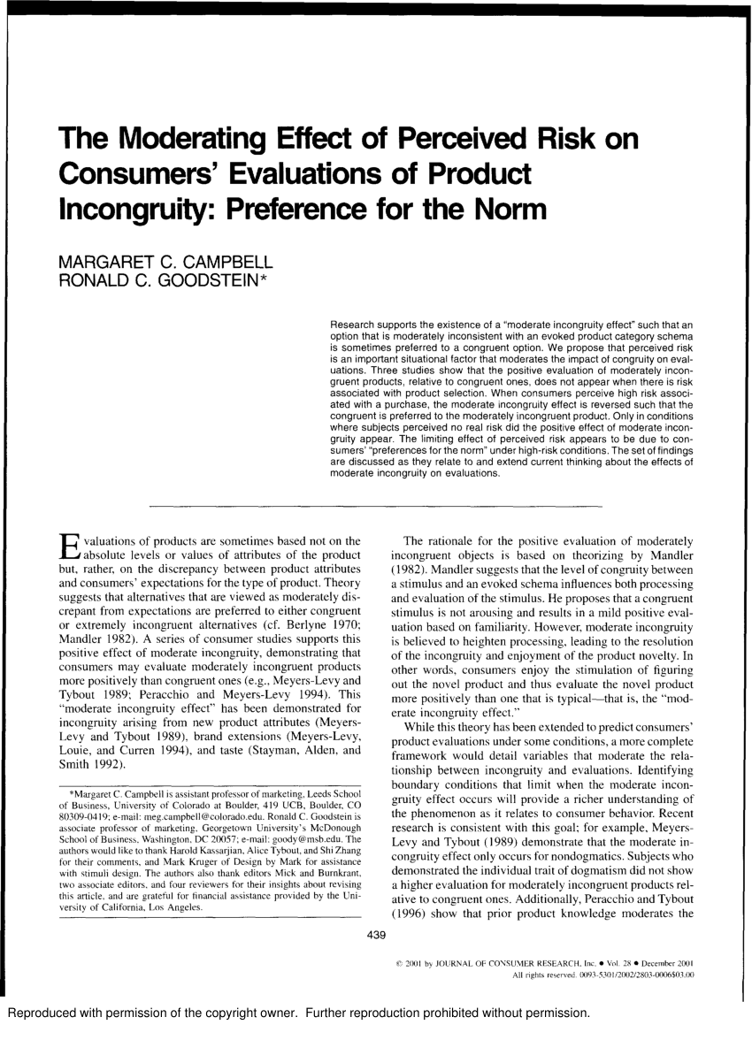 Pdf The Moderating Effect Of Perceived Risk On Consumers Evaluations Of Product Incongruity 0030