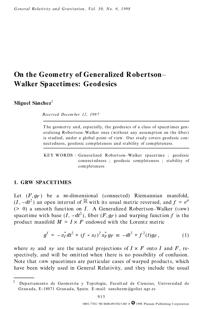 Pdf On The Geometry Of Generalized Robertson Walker Spacetimes Geodesics