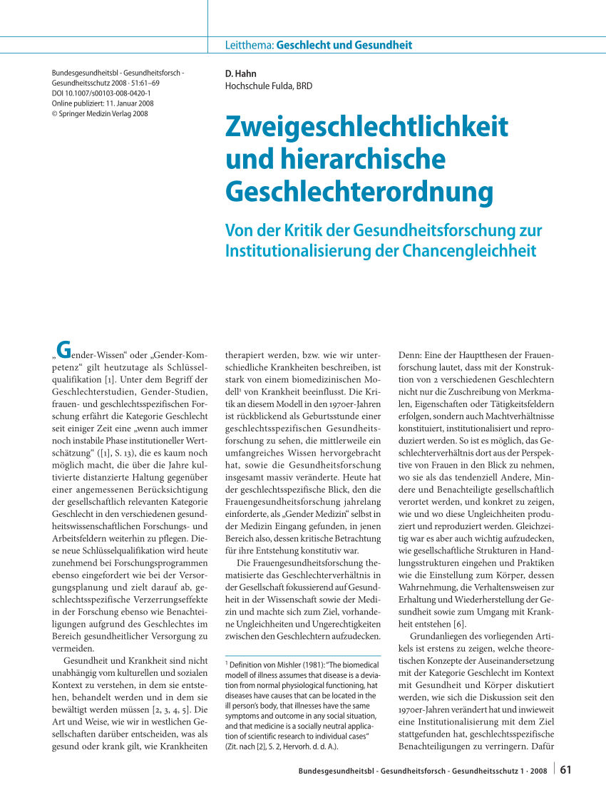 Pdf Zweigeschlechtlichkeit Und Hierarchische Geschlechterordnung