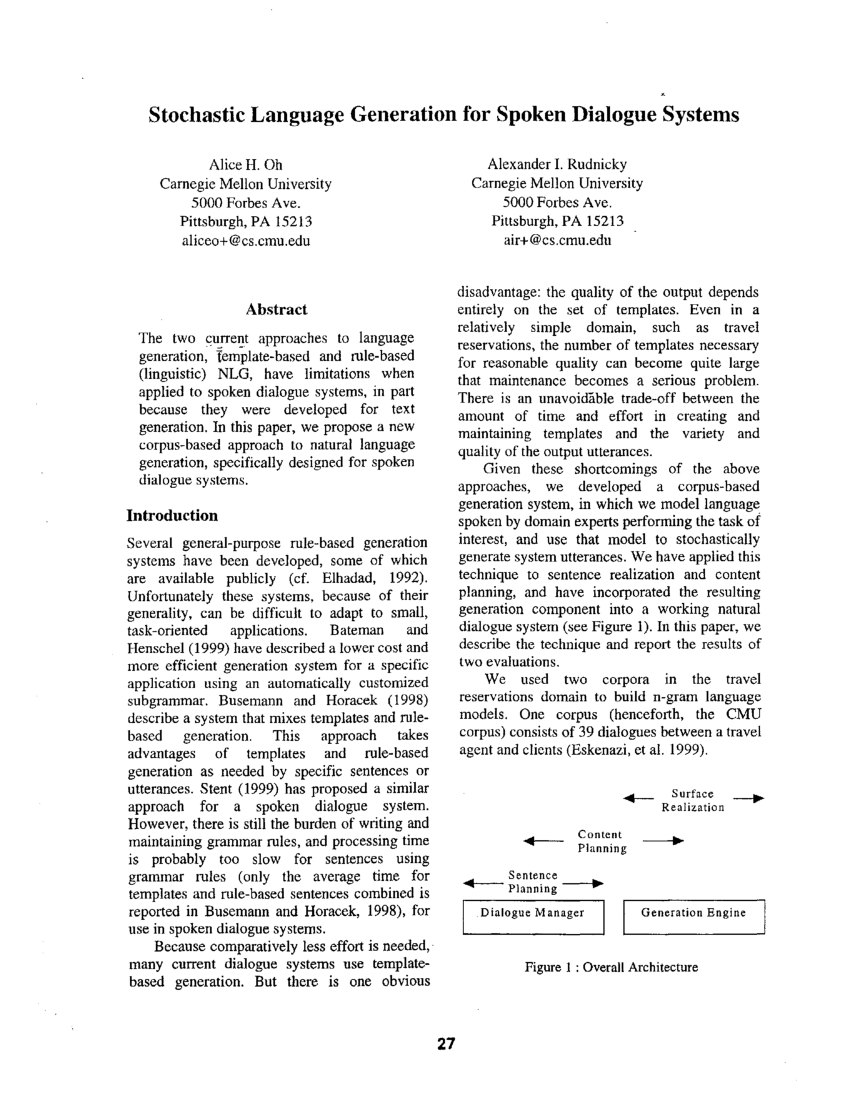 Pdf Stochastic Language Generation For Spoken Dialogue Systems - 
