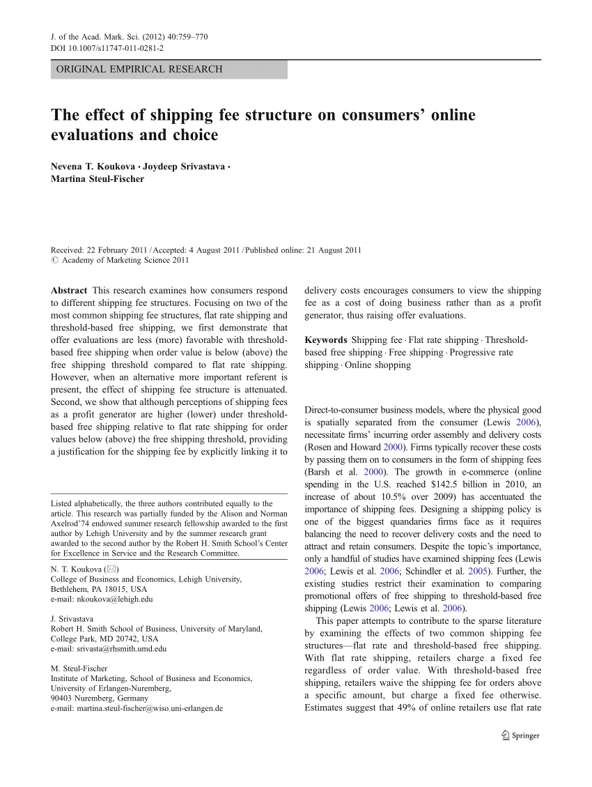 PDF) The effect of shipping fee structure on consumers' online evaluations  and choice