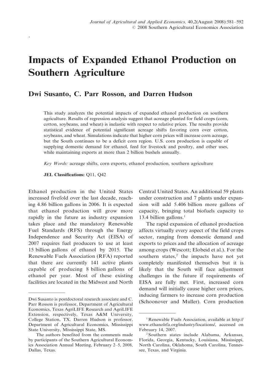 PDF) Impacts of Expanded Ethanol Production Southern
