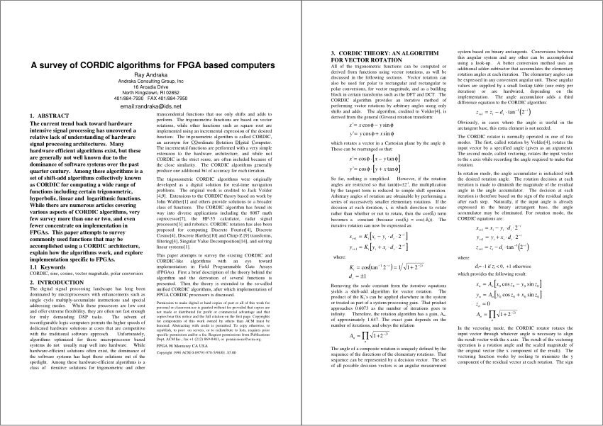 PDF) A survey of CORDIC algorithms for FPGA based computers