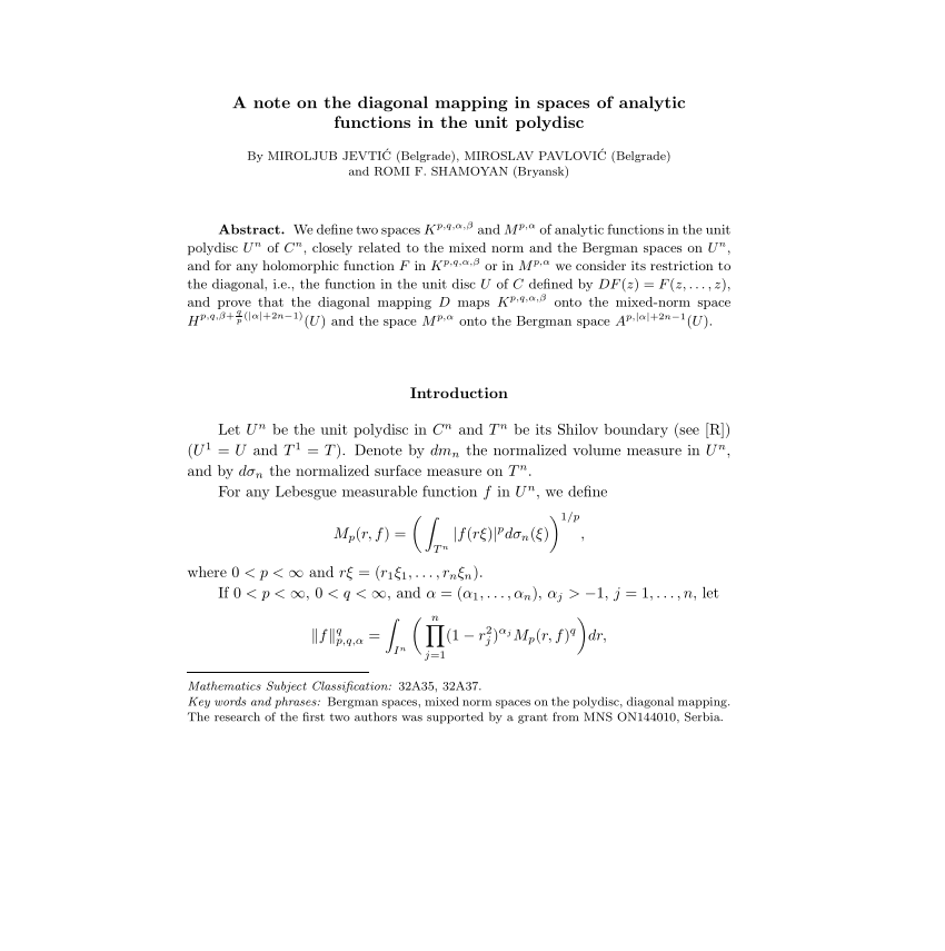 Pdf A Note On The Diagonal Mapping In Spaces Of Analytic Functions In The Unit Polydisc