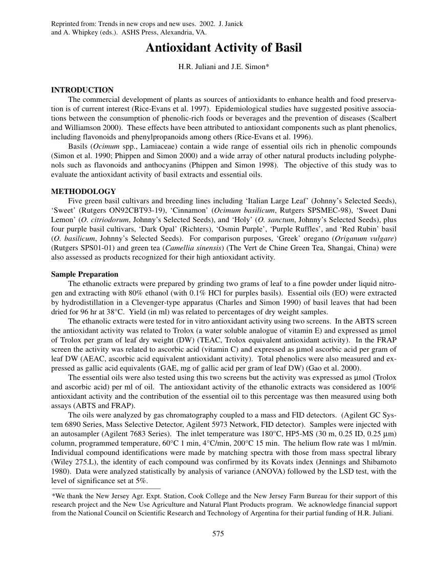 PDF Antioxidant Activity of Basil