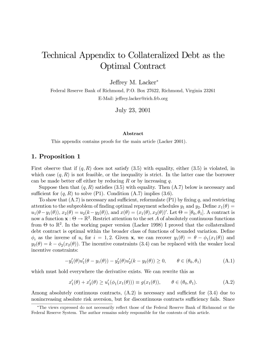 Pdf Technical Appendix To Collateralized Debt As The Optimal Contract