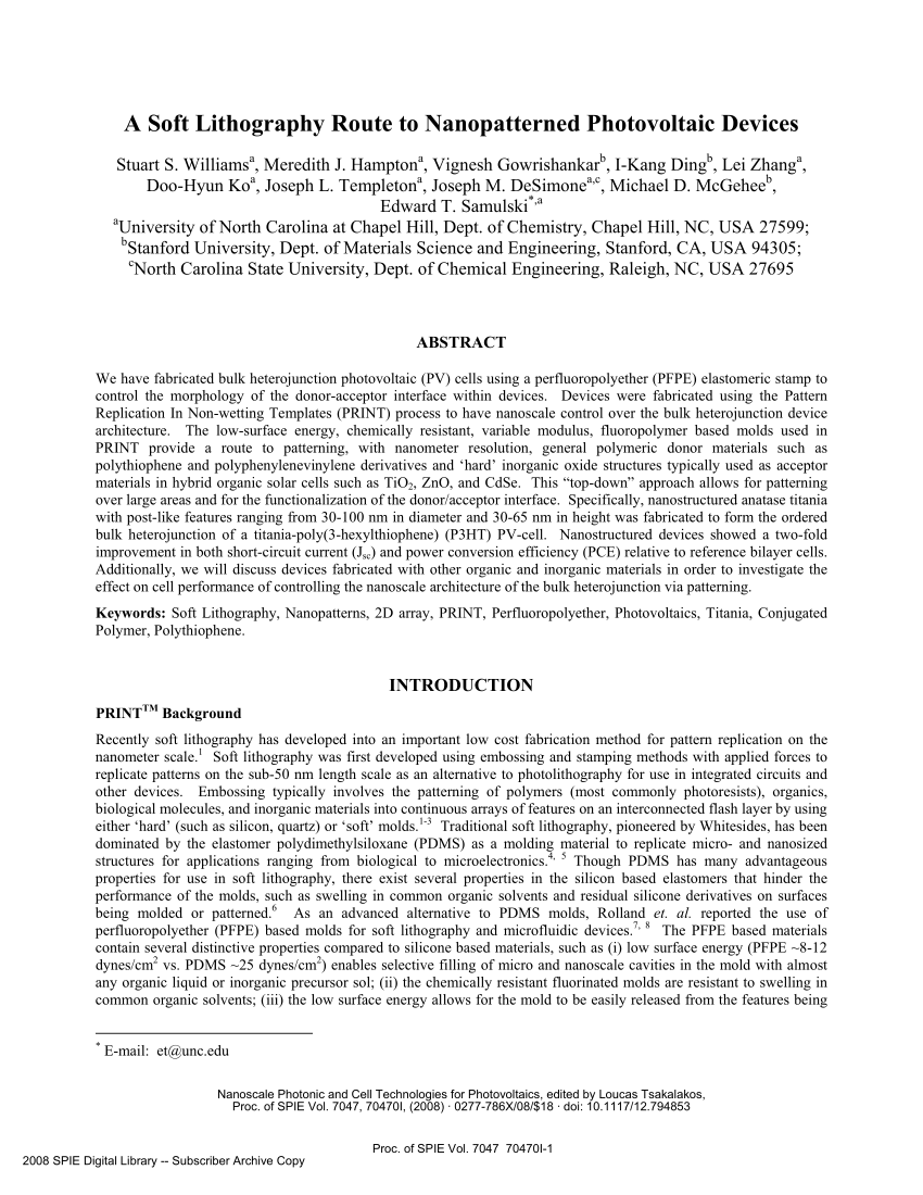 Pdf A Soft Lithography Route To Nanopatterned Photovoltaic Devices