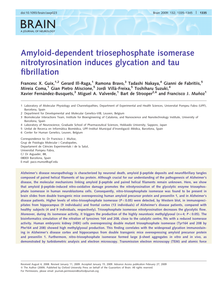 PDF) Amyloid-dependent triosephosphate isomerase nitrotyrosination 
