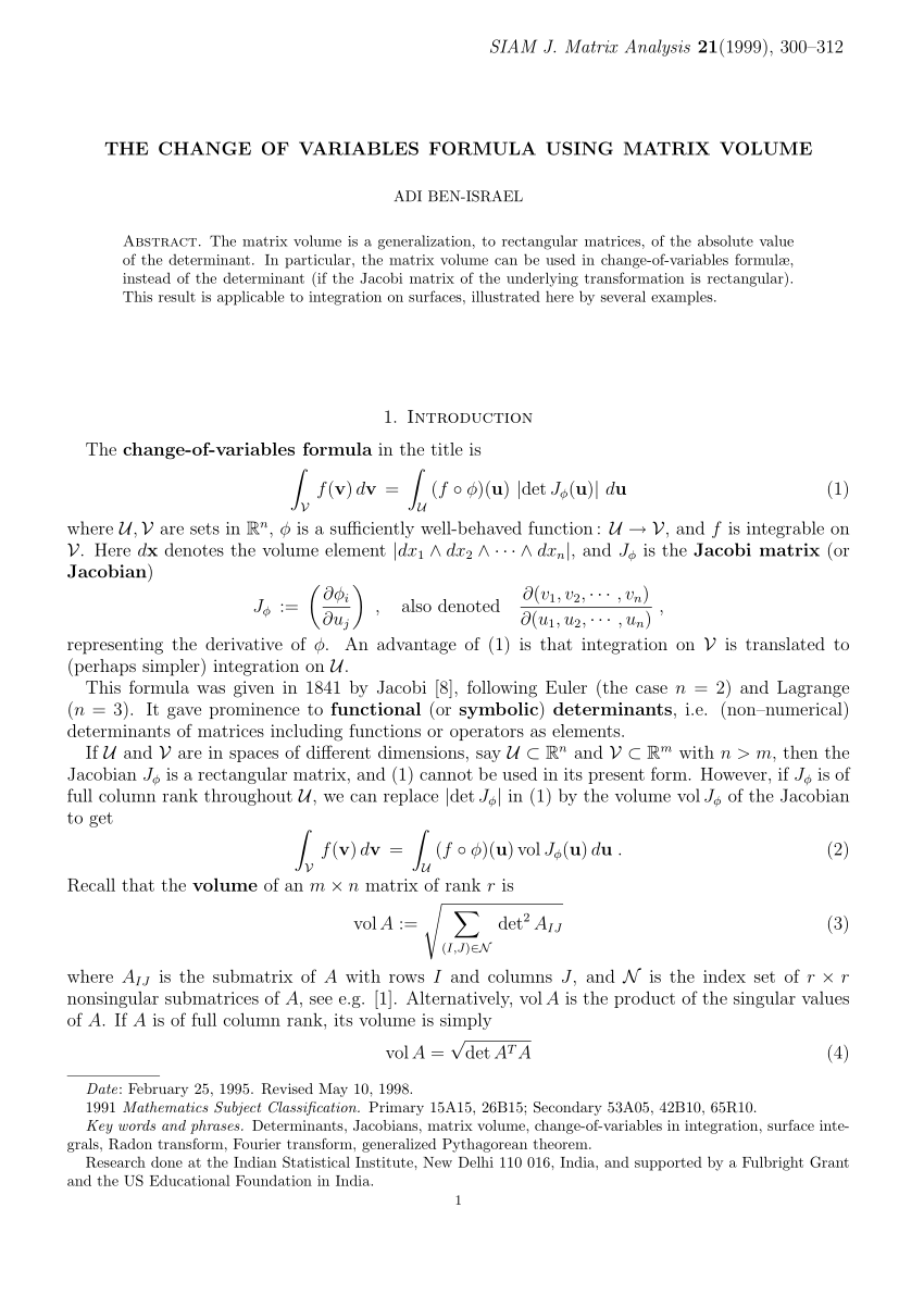 Pdf The Change Of Variables Formula Using Matrix Volume