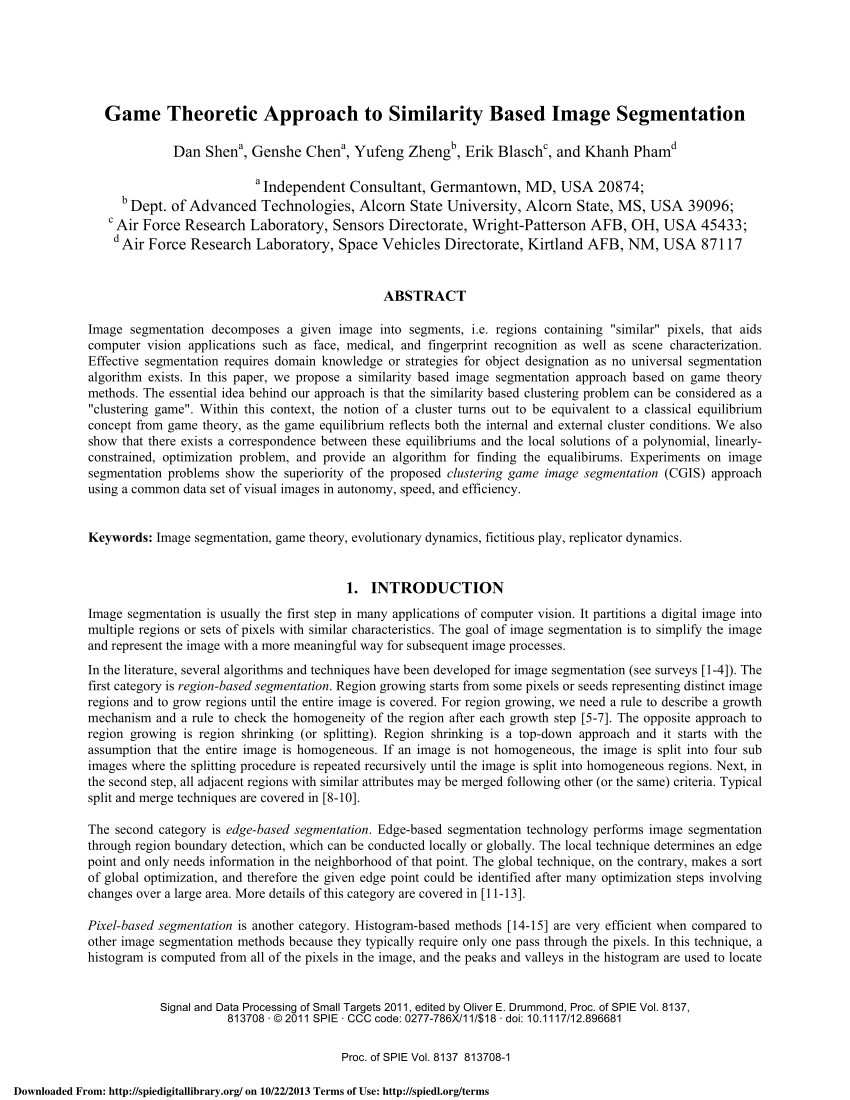 PDF) Game Theoretic Approach to Similarity Based Image Segmentation