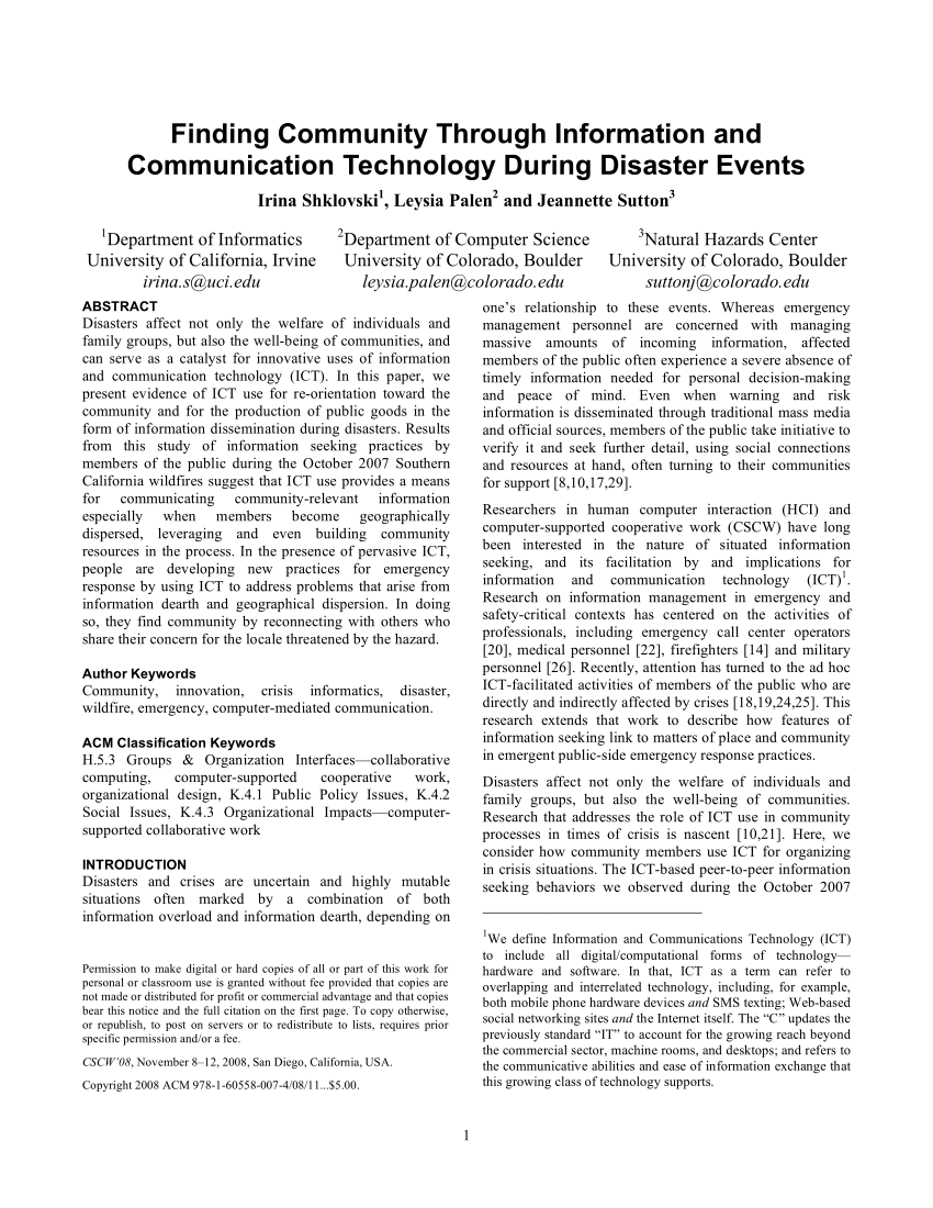 Pdf Finding Community Through Information And Communication Technology During Disaster Events