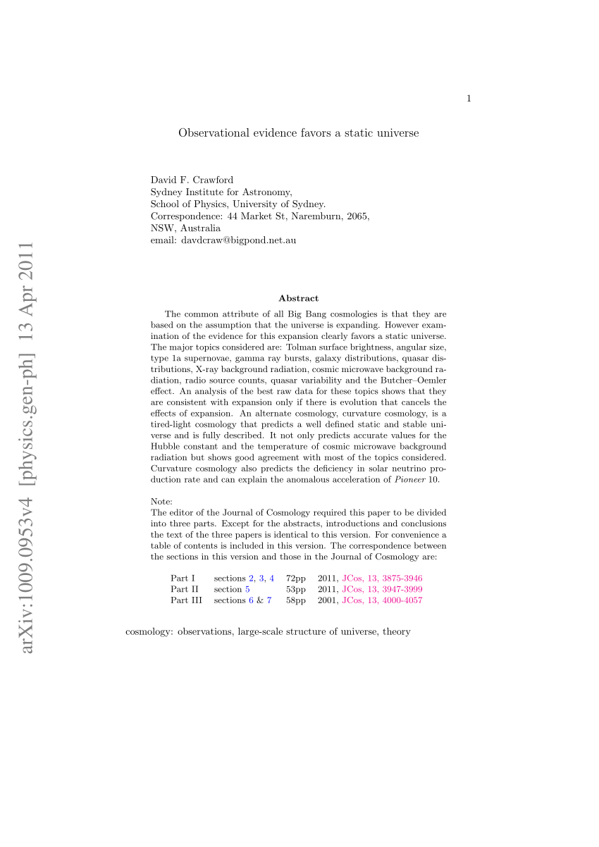 Pdf Observational Evidence Favors A Static Universe Part I