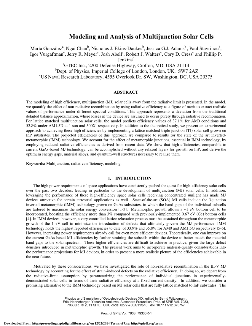 Pdf Modeling And Analysis Of Multijunction Solar Cells