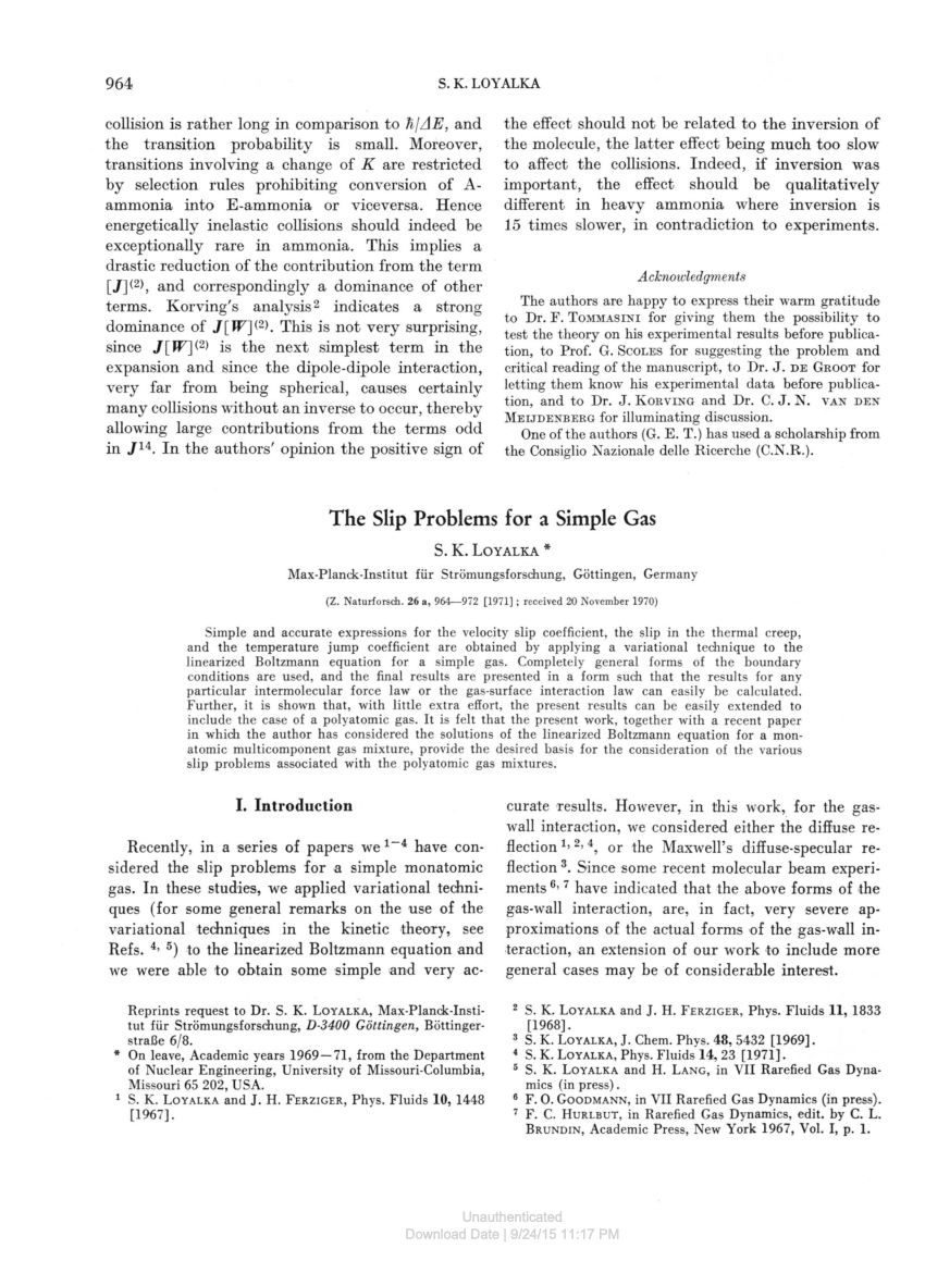 Pdf The Slip Problems For A Simple Gas