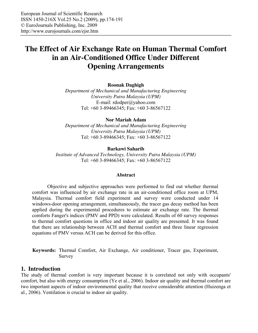 Pdf The Effect Of Air Exchange Rate On Human Thermal Comfort In