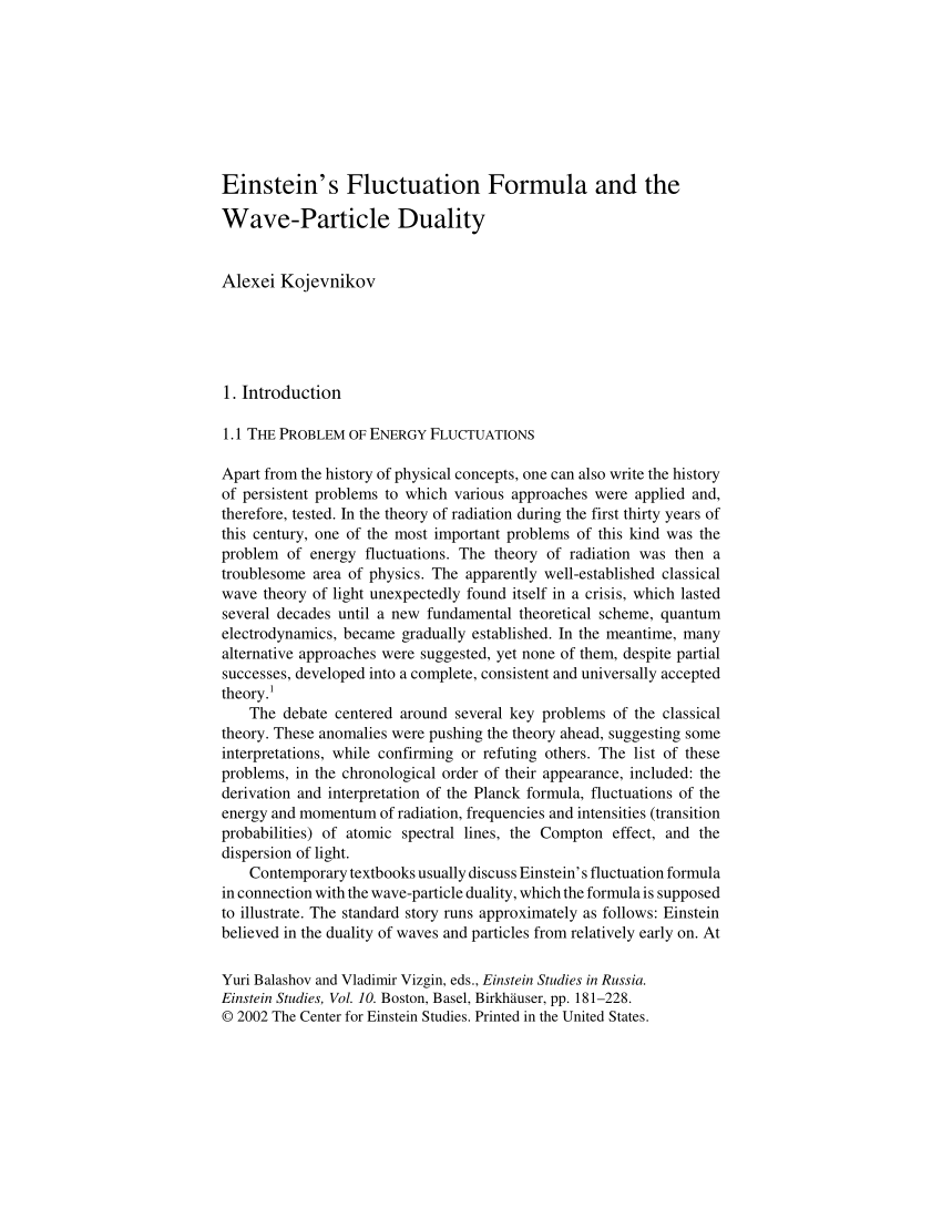 (PDF) Einstein’s Fluctuation Formula and the Wave-Particle Duality