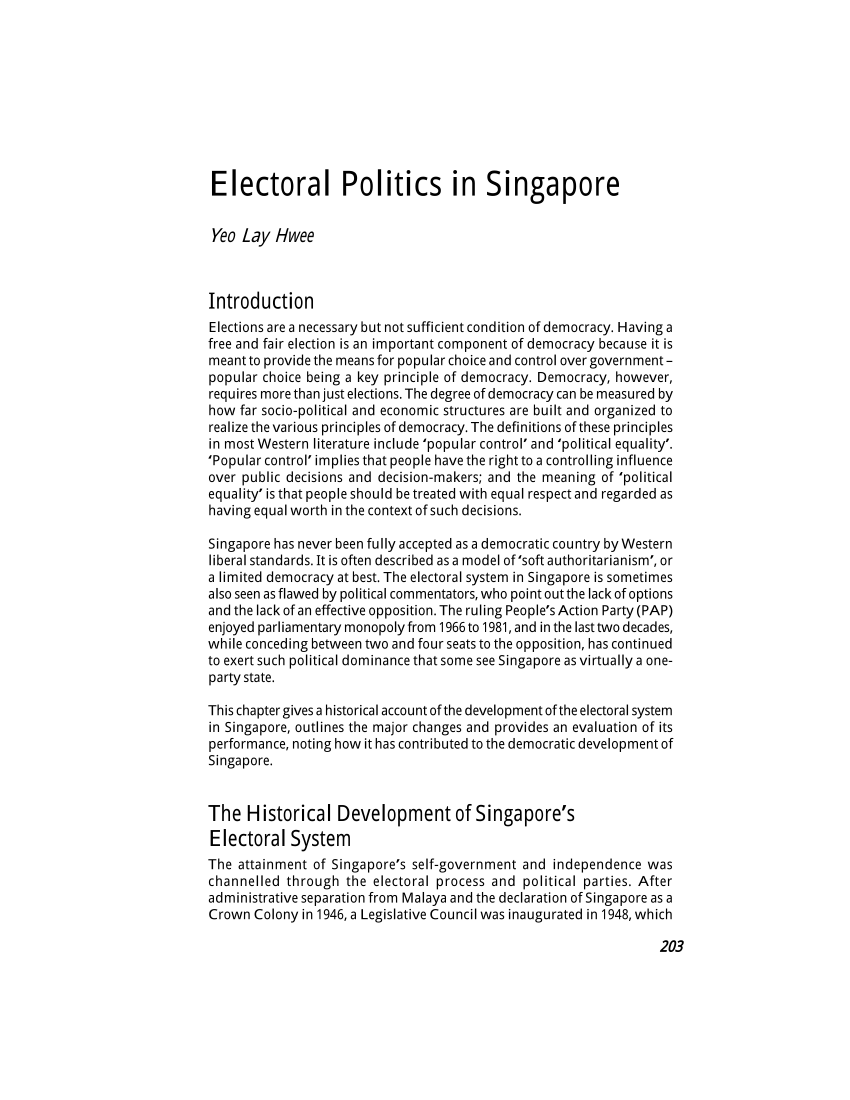 (PDF) Electoral Politics in Singapore