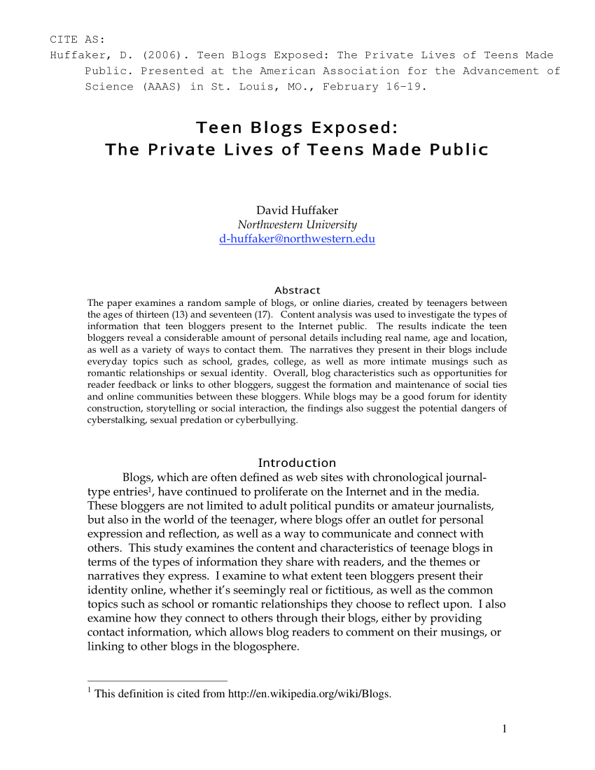PDF) Teen Blogs Exposed The Private Lives of Teens Made Public