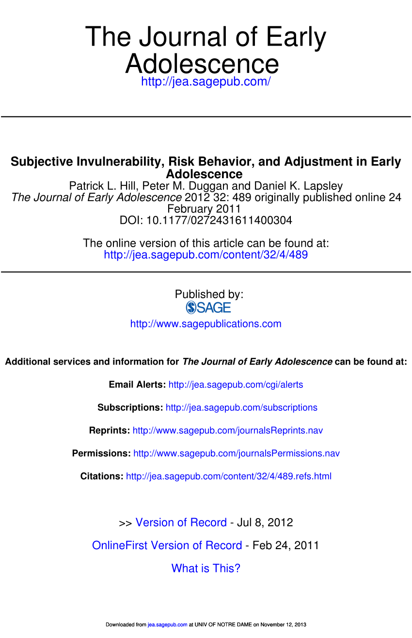 Pdf Subjective Invulnerability Risk Behavior And Adjustment In Early Adolescence