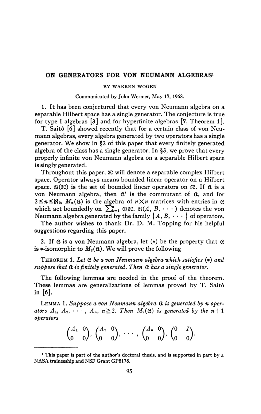 Pdf On Generators For Von Neumann Algebras