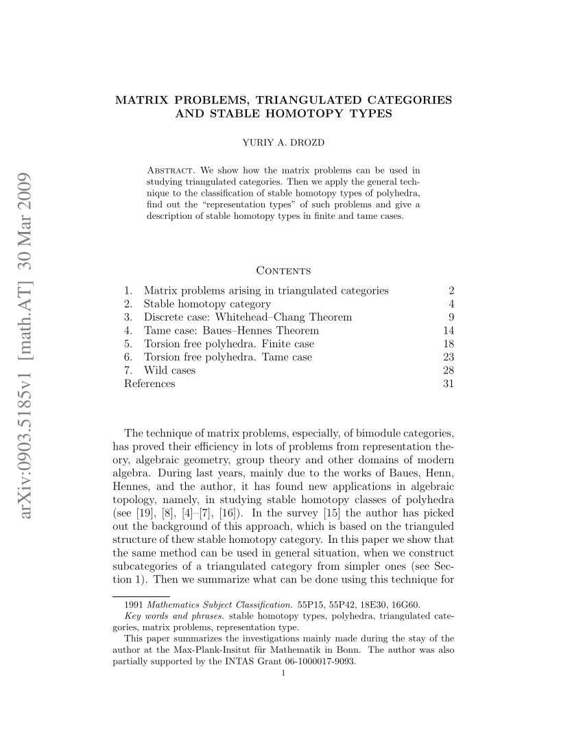 (PDF) Matrix problems, triangulated categories and stable homotopy types