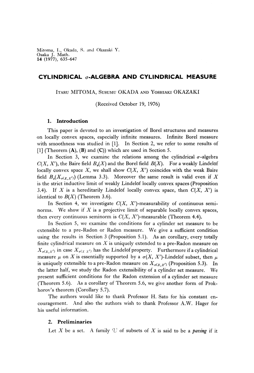 Pdf Cylindrical Sigma Algebra And Cylindrical Measure