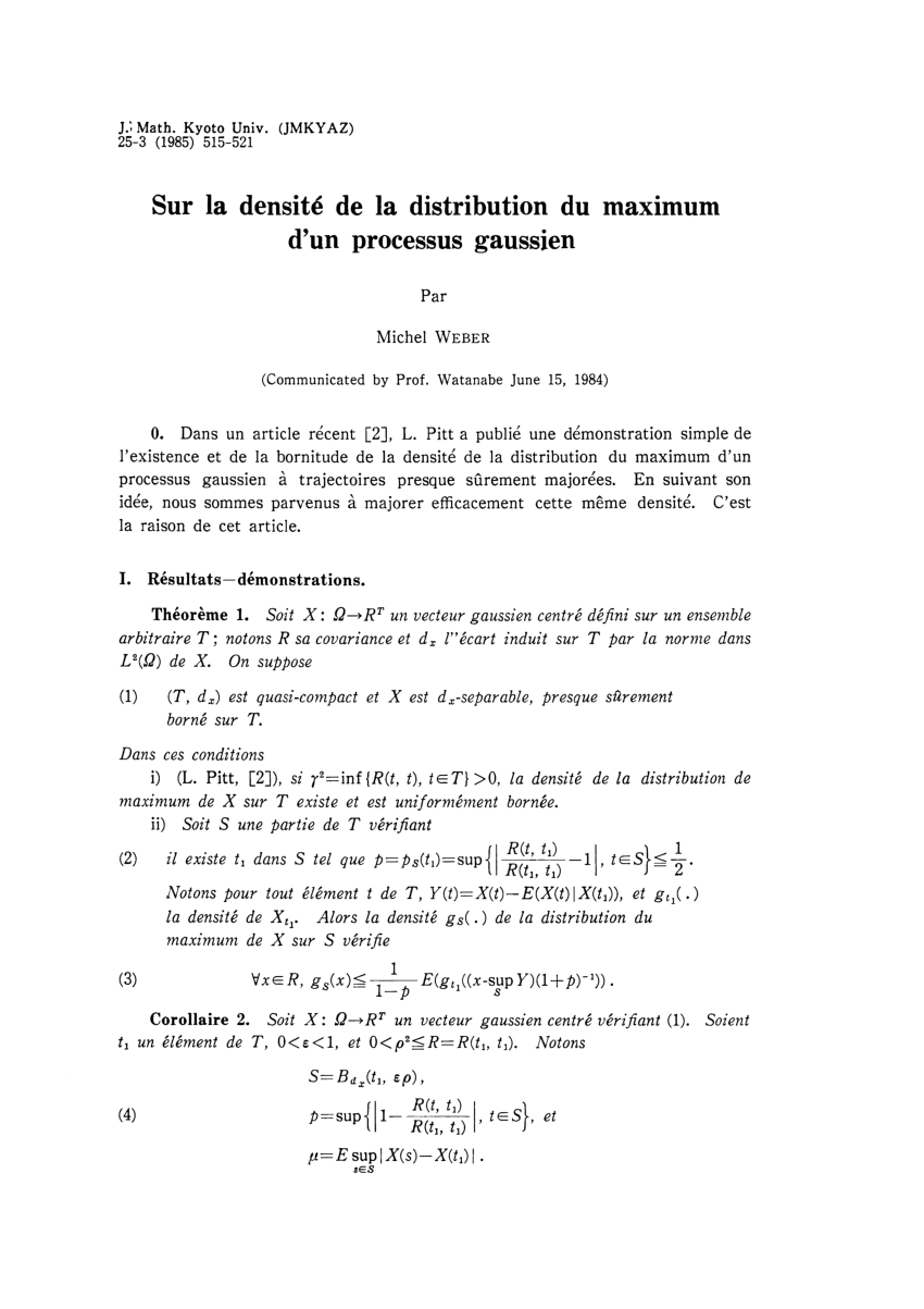 Pdf Sur La Densite De La Distribution Du Maximum D Un Processus Gaussien