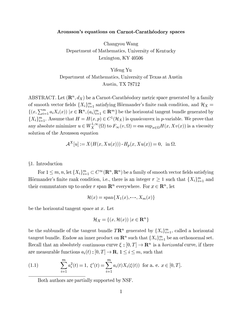 Pdf Aronsson S Equations On Carnot Caratheodory Spaces