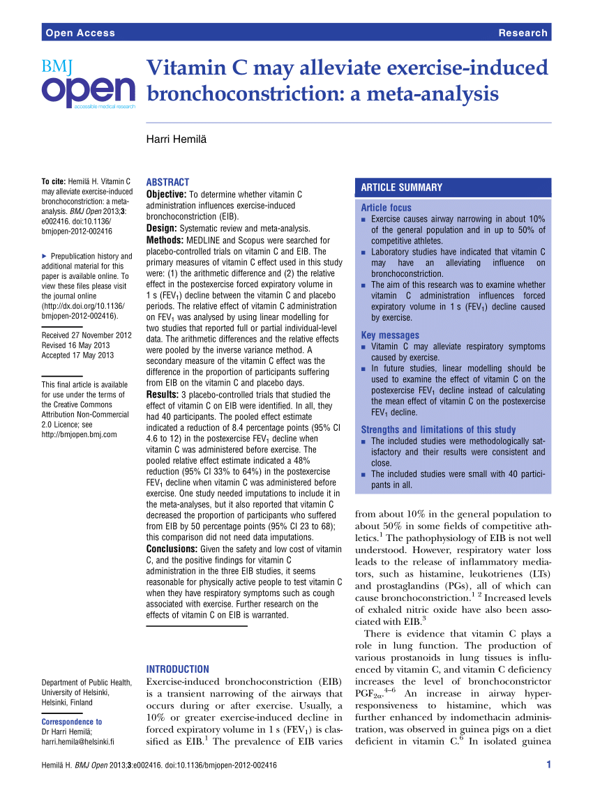 Pdf Vitamin C May Alleviate Exercise Induced Bronchoconstriction A Meta Analysis