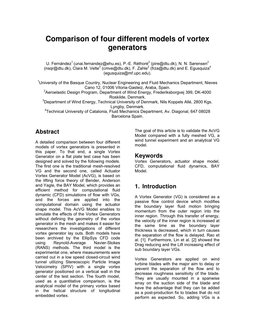 Pdf Comparison Of Four Different Models Of Vortex Generators