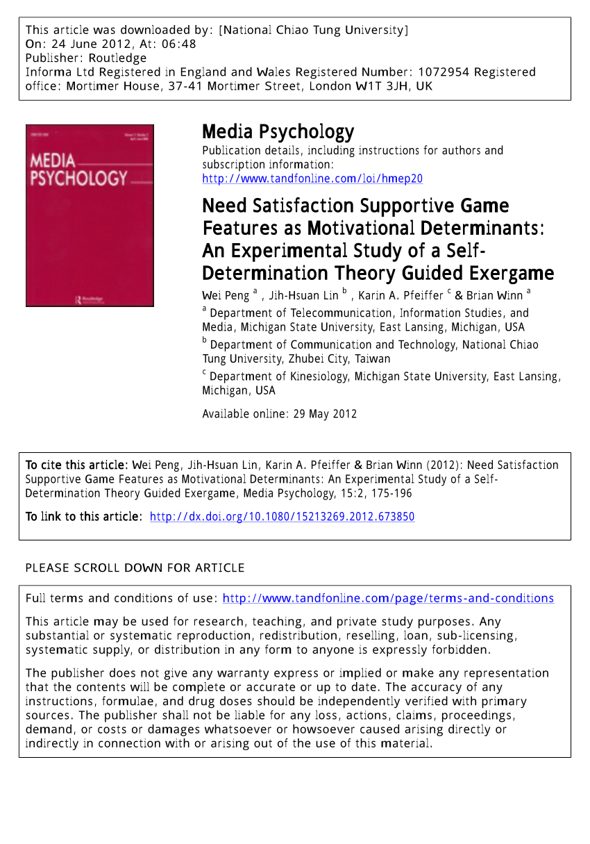 PDF) Need Satisfaction Supportive Game Features as Motivational  Determinants: An Experimental Study of a Self-Determination Theory Guided  Exergame