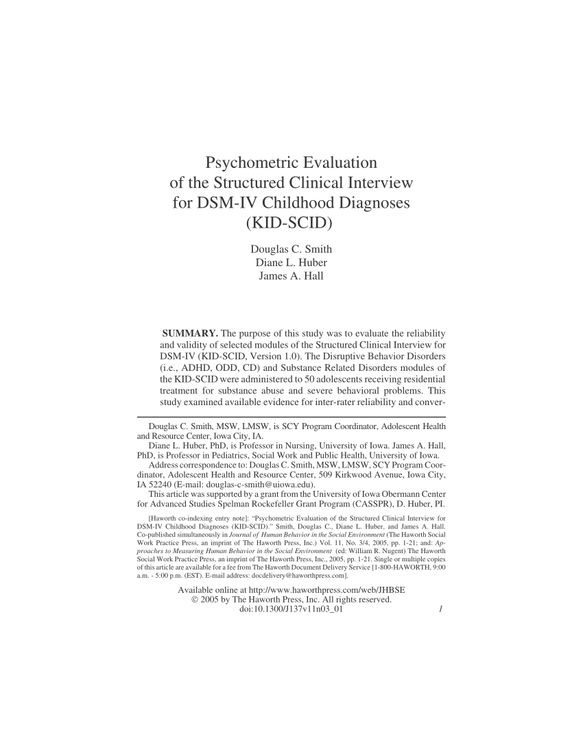 PDF) Psychometric evaluation of the Structured Clinical Interview for DSM-IV Childhood Diagnoses (KID-SCID) billede