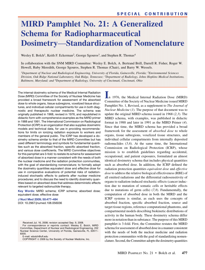 Pdf Mird Pamphlet No 21 A Generalized Schema For Radiopharmaceutical Dosimetry Standardization Of Nomenclature