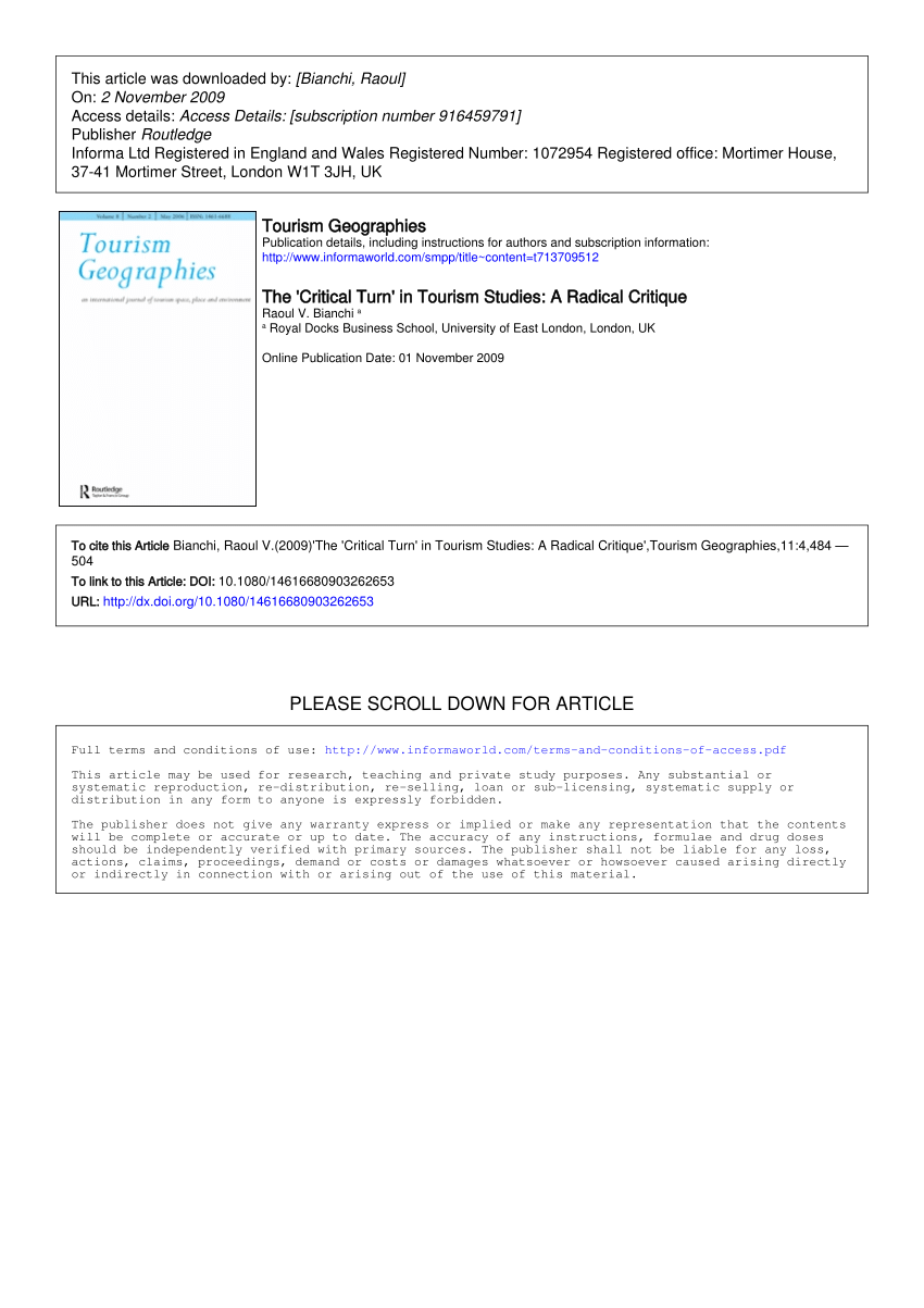Pdf The Critical Turn In Tourism Studies A Radical Critique