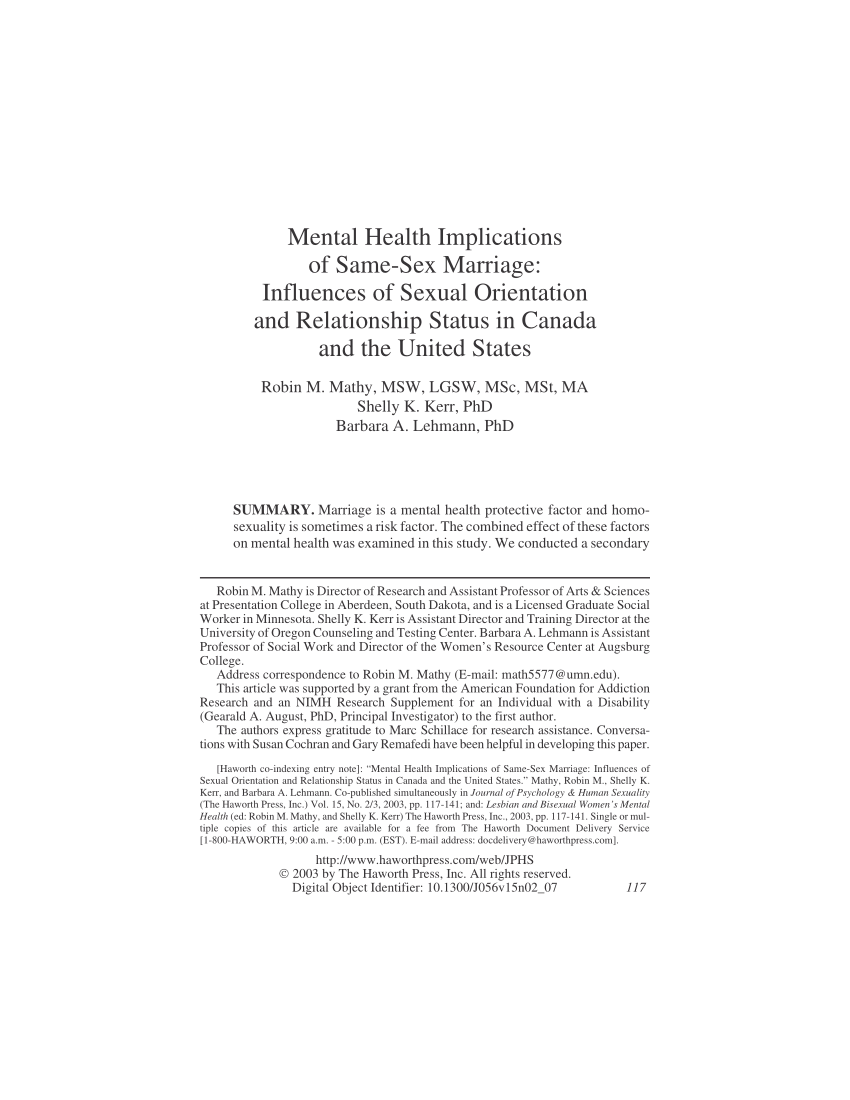 PDF Mental Health Implications of Same Sex Marriage