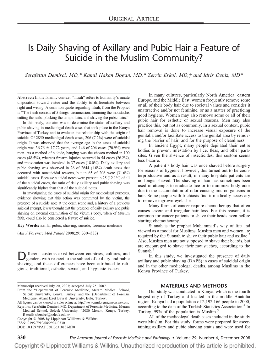 PDF) Is Daily Shaving of Axillary and Pubic Hair a Feature of Suicide in  the Muslim Community?