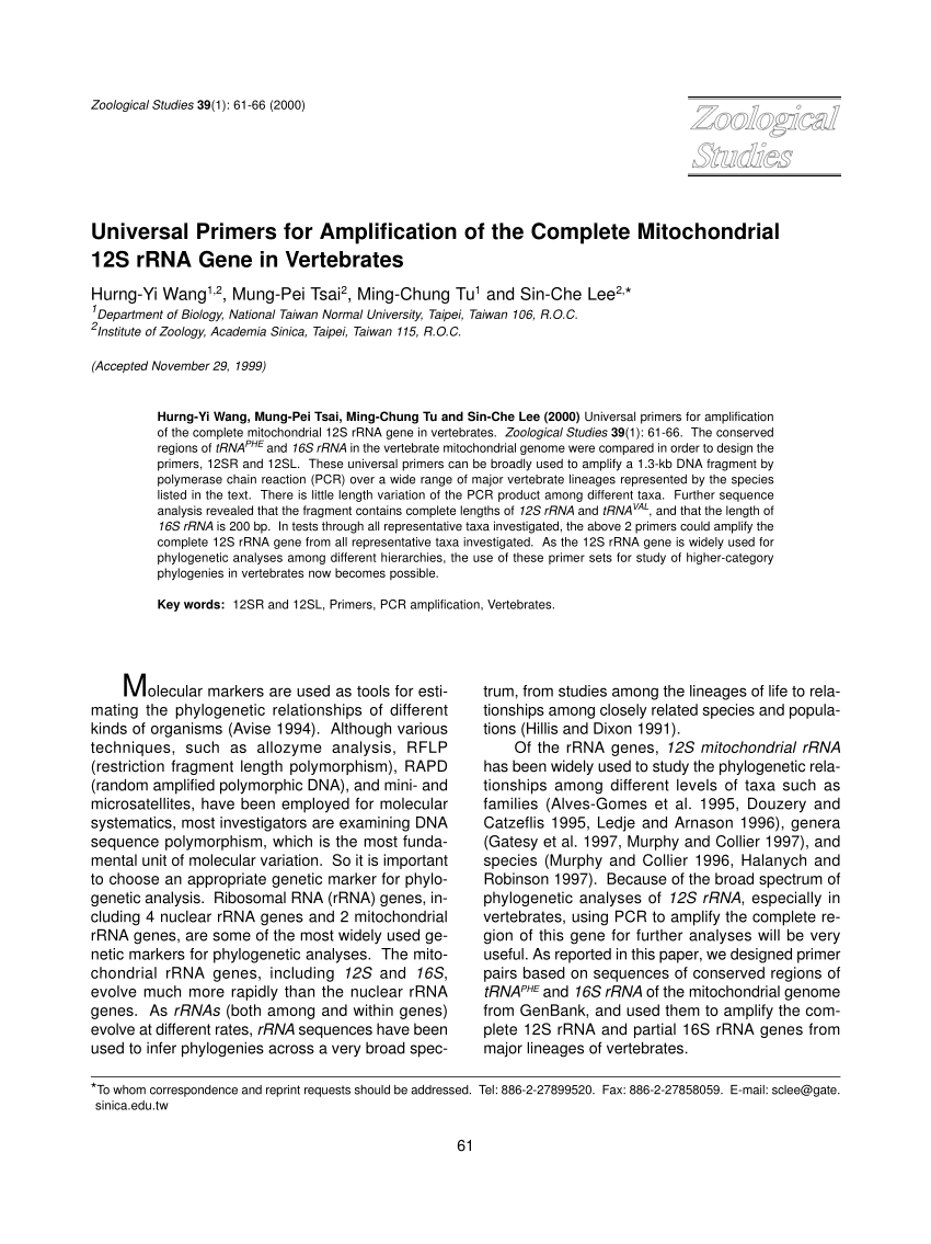 Pdf Universal Primers For Amplification Of The Complete Mitochondrial 12s Rrna Gene In Vertebrates