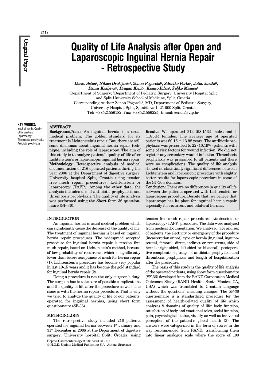 PDF) Quality of life analysis after open and laparoscopic inguinal hernia  repair - Retrospective study