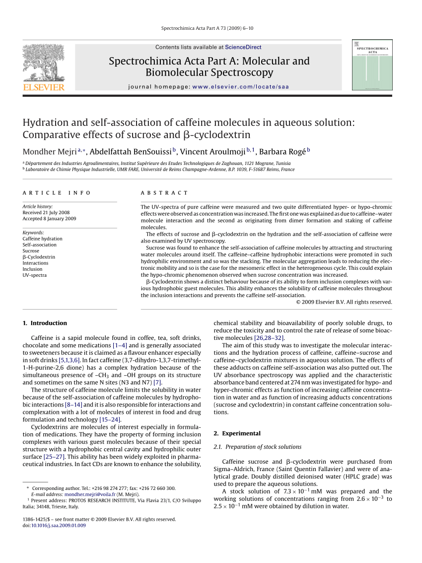 Pdf Hydration And Self Association Of Caffeine Molecules In Aqueous Solution Comparative Effects Of Sucrose And B Cyclodextrin