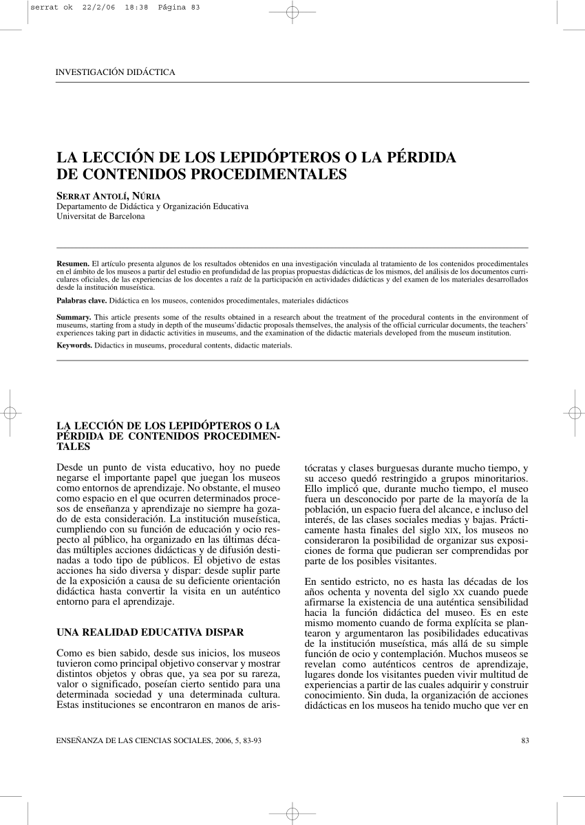 Pdf La Leccion De Los Lepidopteros O La Perdida De Contenidos Procedimentales