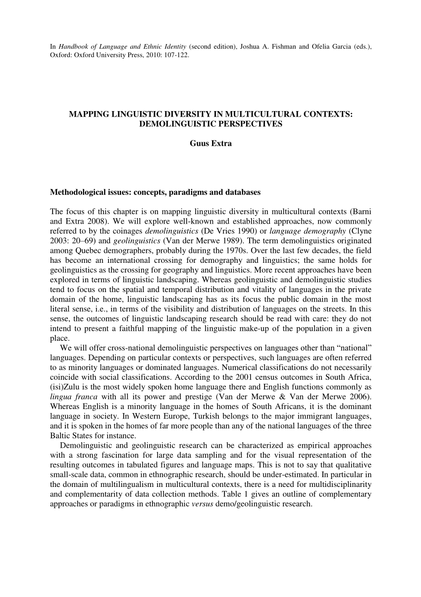 Pdf Mapping Linguistic Diversity In Multicultural Contexts Demolinguistic Perspectives