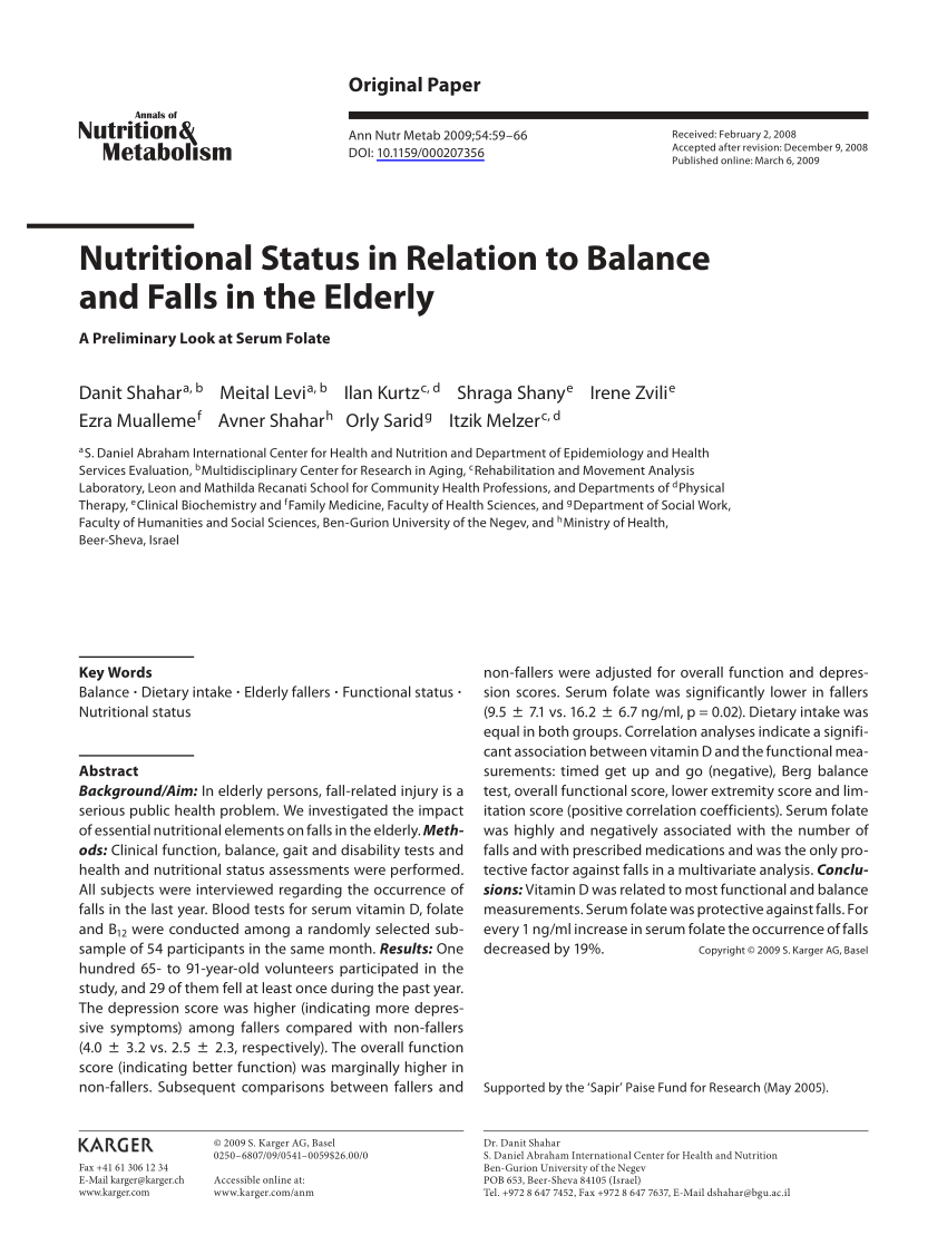 Pdf Nutritional Status In Relation To Balance And Falls In The Elderly A Preliminary Look At Serum Folate