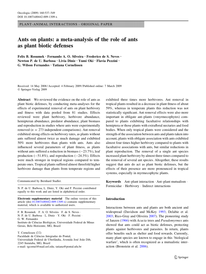 Pdf Ants On Plants A Meta Analysis Of The Role Of Ants As Plant Biotic Defenses