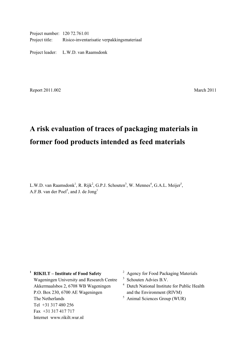 Pdf A Risk Evaluation Of Traces Of Packaging Materials In Former Food Products Intended As Feed Materials