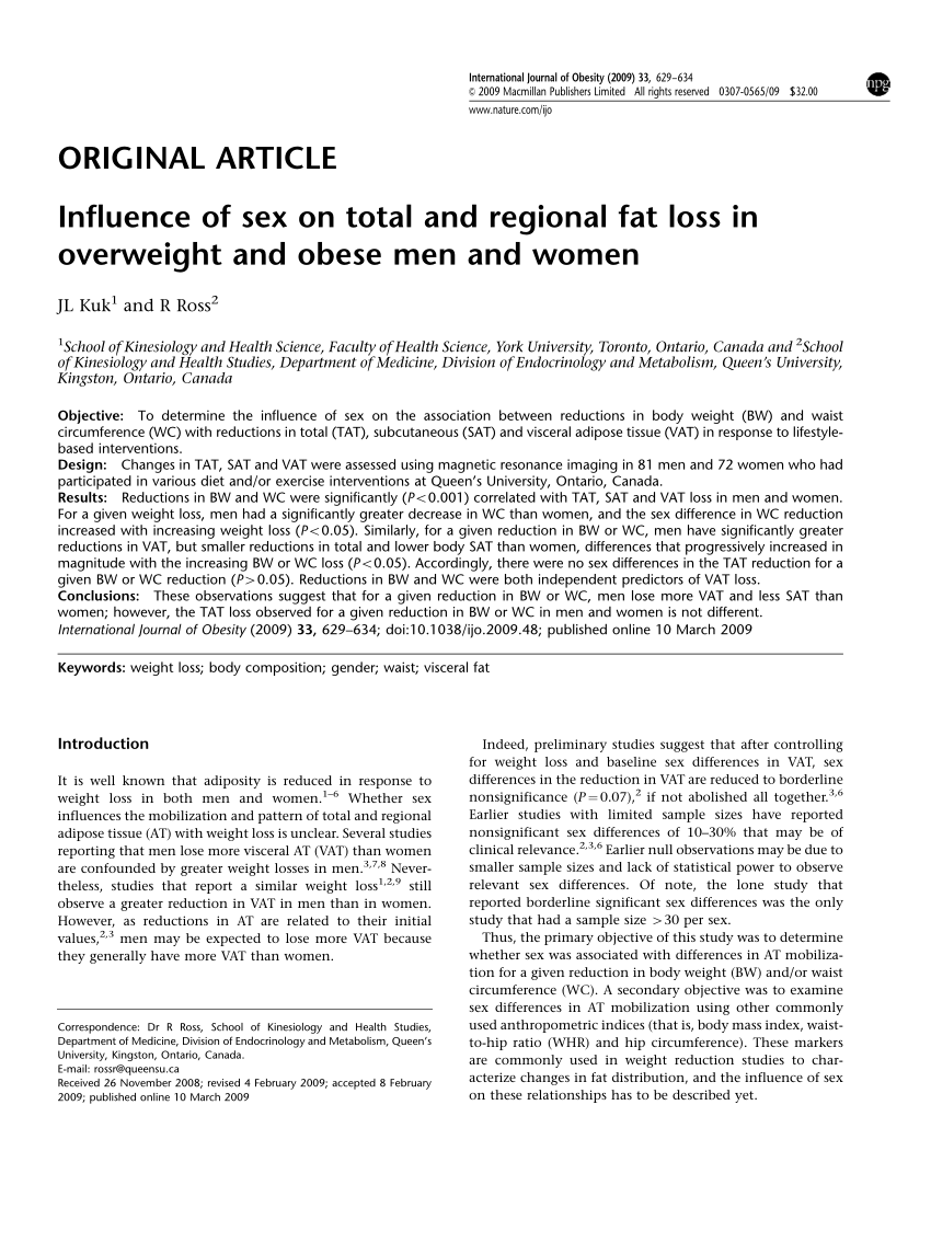 PDF) Influence of sex on total and regional fat loss in overweight and obese  men and women