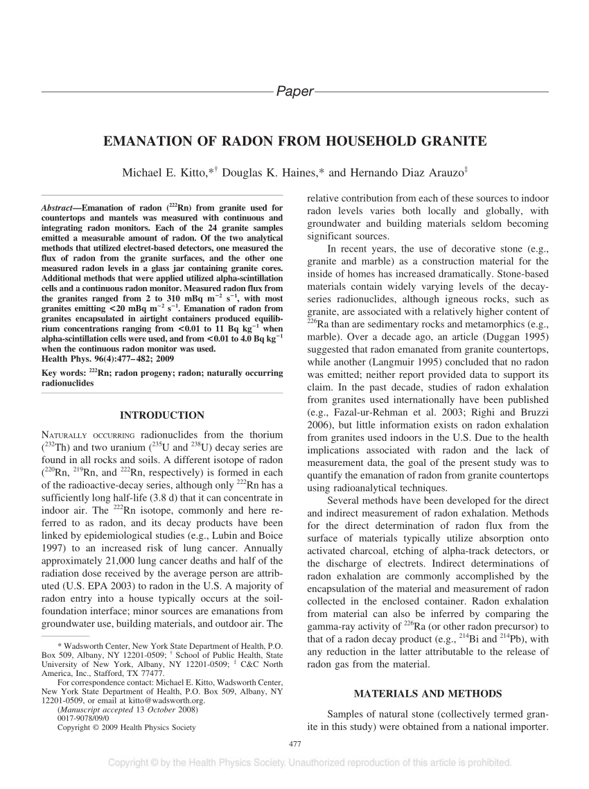 Pdf Emanation Of Radon From Household Granite